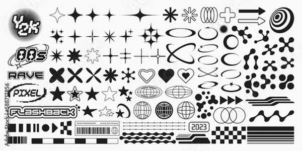 Obraz Ustawione z różnymi elementami Y2K do projektowania. Trendy geometryczne formy brutalizmu, elementy Memphis. Proste kształty formy, symbole i ramki w stylu Y2K.