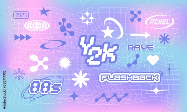 Obraz Set with different Y2k elements for design.Trendy geometric brutalism forms, memphis elements. Simple shapes forms, symbols and frames y2k style.