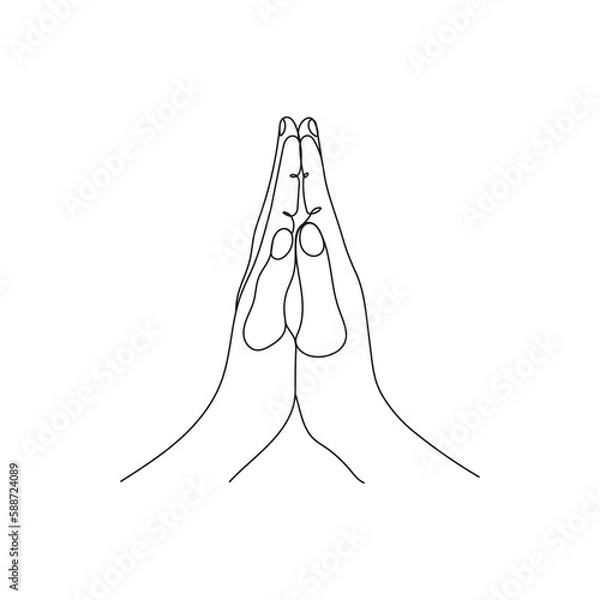 Obraz Hand gesture. Praying, gratitude position. One line art. Hand drawn vector illustration.