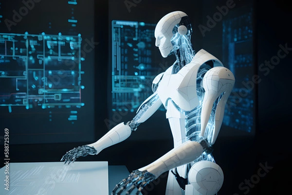 Fototapeta A roboter standing in a thinking pose in a room with a display that showing blue data,. generative ai