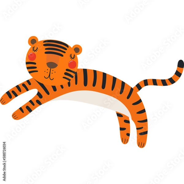 Fototapeta Cute funny jumping tiger cartoon character illustration. Hand drawn Scandinavian style flat design, isolated vector. Tropical animal, jungle wildlife, safari, nature, kids print element
