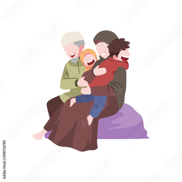 Fototapeta Illustration of a family with a baby on the back during Eid al-Fitr