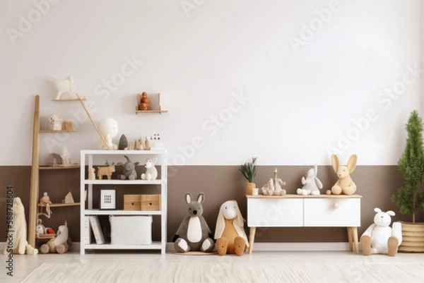 Fototapeta Modern Children's Room with Toys and Blank Wall