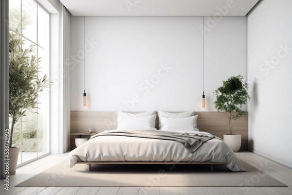 Fototapeta Modern Minimalist Bedroom with Empty Wall