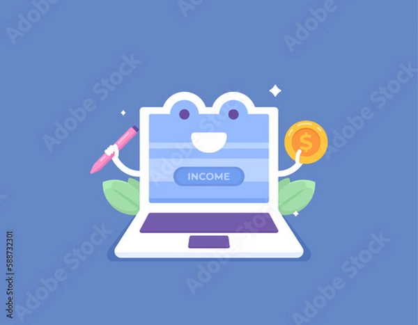 Fototapeta passive income. work online or remotely. earn money from the internet. illustration of laptop character holding a pencil and a coin. concept design. Vector Elements