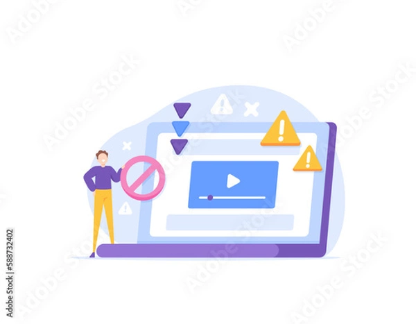 Fototapeta prohibition sign to not watch and download movies on illegal sites. Stop watching illegal movies. a user standing next to the laptop. illustration concept design. Vector Elements