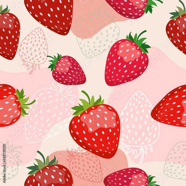 Fototapeta Seamless vector pattern with red strawberries on a pink background with spots in a flat style. Ideal for print, wrapping paper, wallpaper, fabric, design.