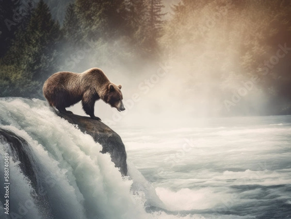 Obraz Brown bear waiting for a salmon, created with Generative AI technology.