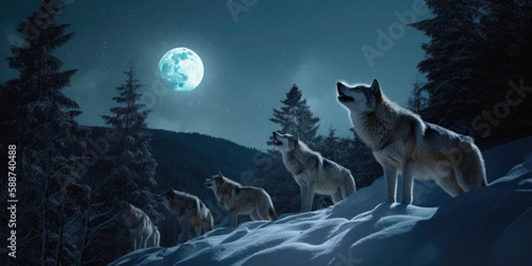 Obraz Howling wolves at moonlight, created with Generative AI technology.