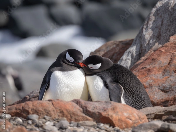 Obraz Penguins cuddling in Antarctica, created with Generative AI technology.