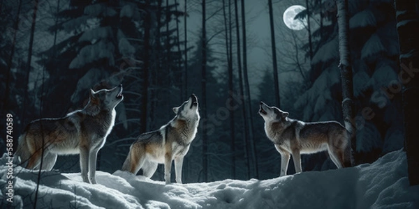 Obraz Howling wolves at moonlight, created with Generative AI technology.