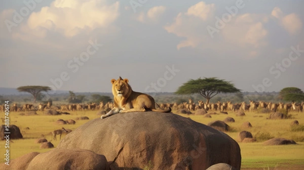 Obraz A lion resting over a boulder, created with Generative AI technology.