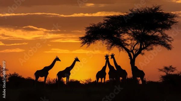 Obraz Girrafes in the savannah and sunset, created with Generative AI technology.