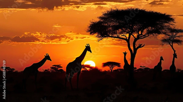 Obraz Girrafes in the savannah and sunset, created with Generative AI technology.