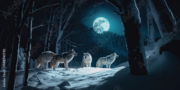 Obraz Howling wolves at moonlight, created with Generative AI technology.