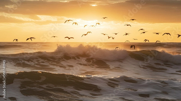 Obraz A flock of seagulls flying over the waves, created with Generative AI technology.