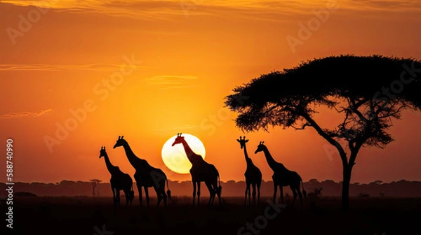 Obraz Girrafes in the savannah and sunset, created with Generative AI technology.