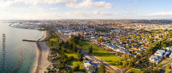 Fototapeta aerial view of the south beach and the Fishing Boat Harbour of Fremantle, Perth, Western Australia, Australia, Ozeanien