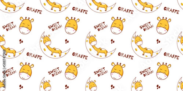Fototapeta hand drawn giraffe sleeping on the moon cartoon seamless pattern. Cute animal pattern concept design