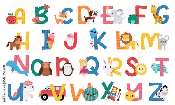 Fototapeta English alphabet letters with cute animals, birds, food and objects. Funny ABC for kids. Children education. Kawaii cartoon characters. Vector illustration.