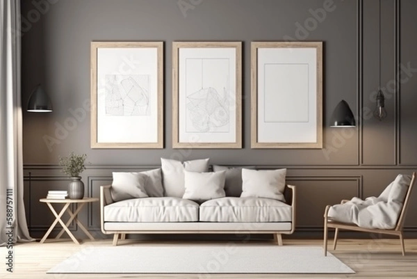 Obraz Interior design - modern and minimalist interior with empty frame on the wall. Mockup illustration. Generative AI