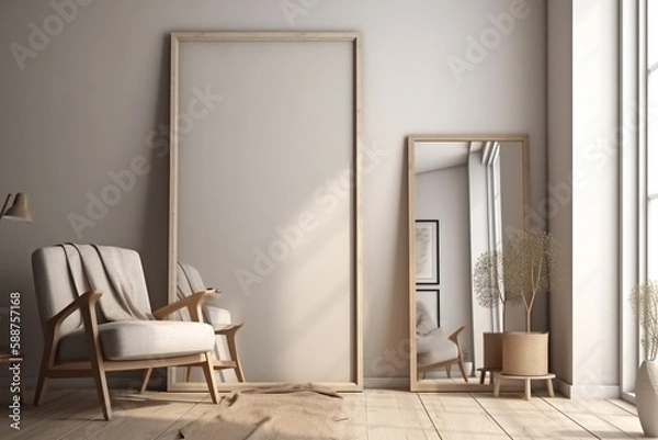 Fototapeta Interior design - modern and minimalist interior with empty frame on the wall. Mockup illustration. Generative AI