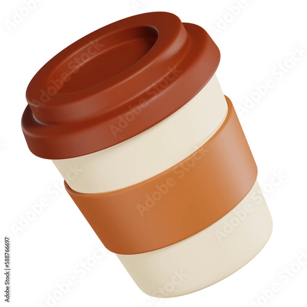 Fototapeta 3D brown coffee cup with lid and stripes rendering icon with smooth surface for app or website