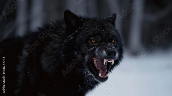 Fototapeta Wild and Fierce: Close-Up Portrait of a Snow-Covered Black Wolf Howling in Anger in the Arctic Wilderness, snowy soft blur on background copy space camping dangerous