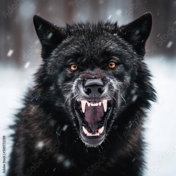 Fototapeta Wild and Fierce: Close-Up Portrait of a Snow-Covered Black Wolf Howling in Anger in the Arctic Wilderness, snowy soft blur on background copy space camping dangerous, generative ai