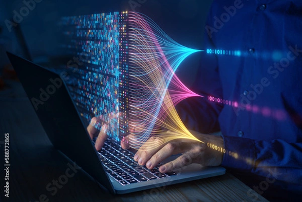 Fototapeta Data science and big data technology. Data scientist computing, analysing and visualizing complex data set on computer. Data mining, artificial intelligence, machine learning, business analytics.