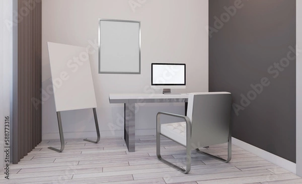 Fototapeta Modern office building interior. 3D rendering.. Mockup.   Empty paintings