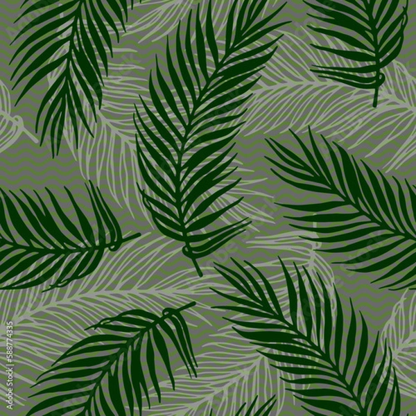 Fototapeta Repeat exotic palm leaves vector pattern. Botanical elements over waves texture