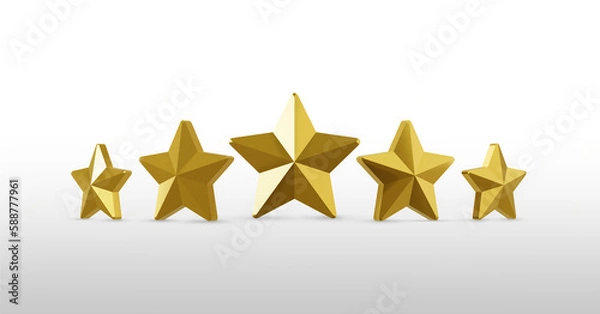 Fototapeta Five Gold rating star symbol of customer satisfaction review service best quality ranking icon or shiny feedback success sign award and product evaluation rate on golden 3d background with excellent.