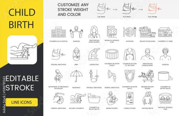 Fototapeta Childbirth line icon set in vector, illustration of epidural and general anesthesia, surgeon and neonatologist, childbirth in water in pool or bath, obstetrician gynecologist. Editable stroke.
