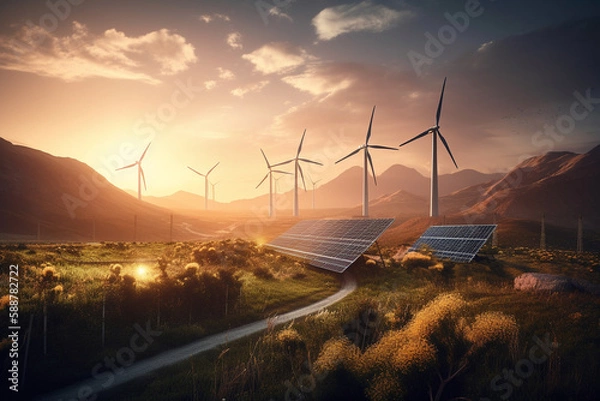 Fototapeta Fields with solar panels and wind turbines at sunset, showcasing the beauty of renewable energy. Ai generated