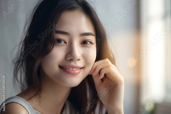 Obraz Pretty young Asian woman looking at camera. Composite with different elements made with generative AI