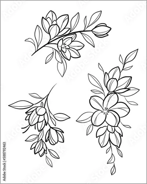 Fototapeta Branch with pretty decorative flowers vector SVG linework outline