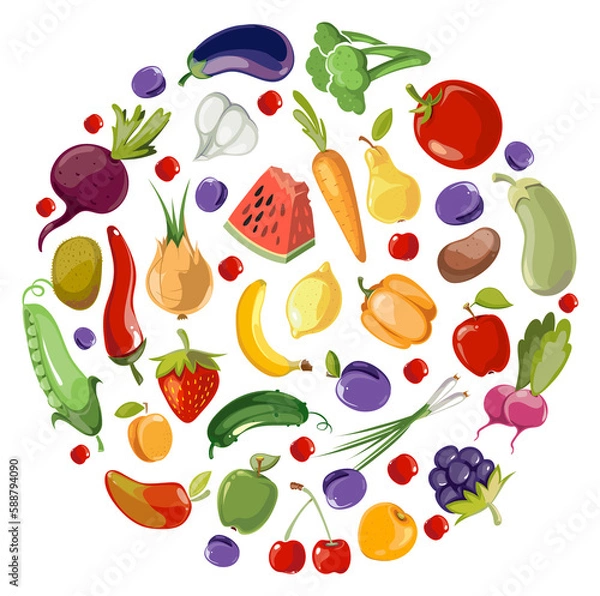 Fototapeta Fruit and vegetables circle. Round cartoon food pattern