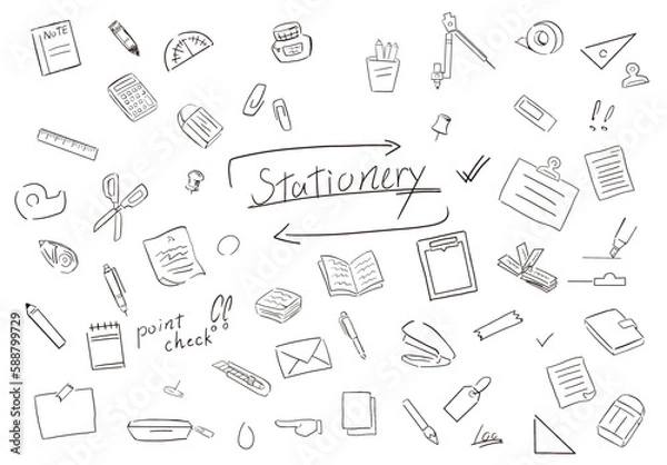 Fototapeta シンプルな手書きのステイショナリーイラストセット