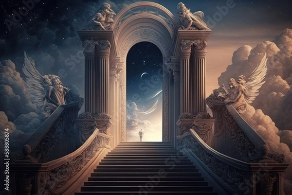 Fototapeta Stairway to heaven in glory, gates of Paradise. Generative AI.