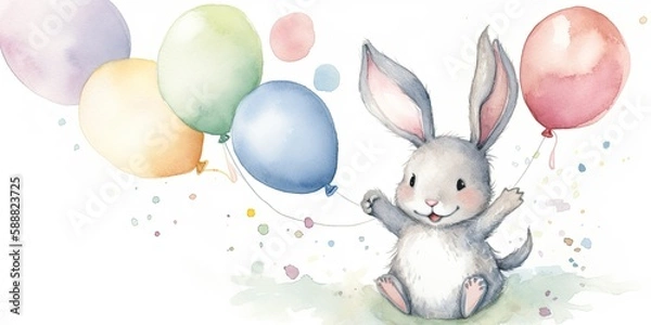 Fototapeta Whimsical watercolor playful baby bunny generative AI art