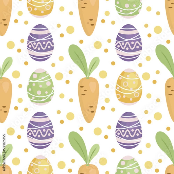 Fototapeta Carrots, flowers and decorated, different color eggs seamless pattern for Easter. Orange carrot and purple, green, yellow egg with polka dots and stripes, golden polka dots. The endless pattern 