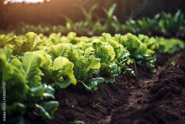 Obraz Row of healthy lettuce growing on a field in summer sunshine. Generative 