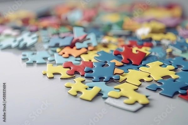 Fototapeta Illustration of colorful puzzle pieces, creativity concept. Generative AI
