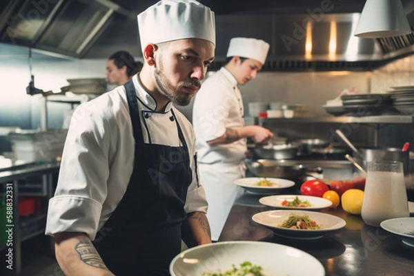Obraz Professional chef cooking in the kitchen restaurant at the hotel, preparing dinner. generative AI