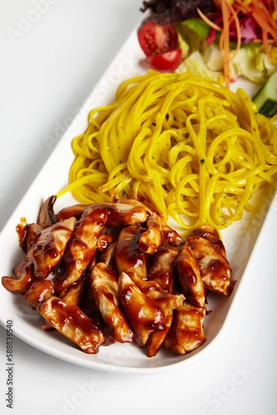 Obraz Grilled Chicken with Barbecue Sauce Linguine Pasta and Green Salad White Background