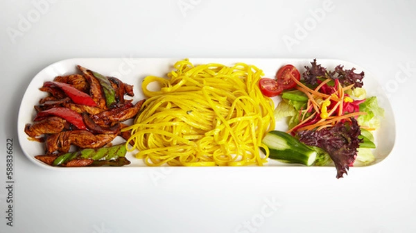 Fototapeta Grilled Chicken with Soy Sauce Linguine Pasta and Green Salad White Background