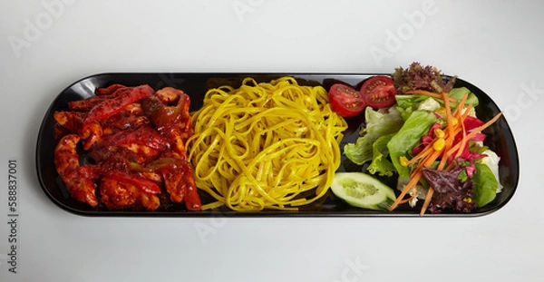 Obraz Grilled Chicken with Linguine Chili Sauce and Green Salad 