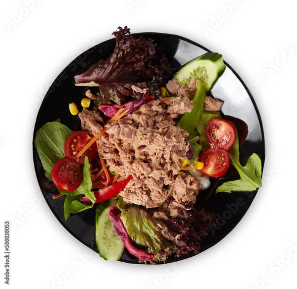Fototapeta Tuna Salad on Black Plate Isolated White Background Aerial View PNG File