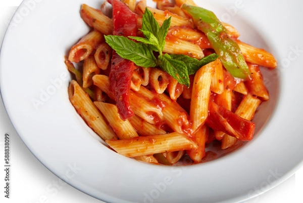 Fototapeta Penne Arrabbiata Pasta With Tomato Sauce on White Plate Isolated White Background Close Up